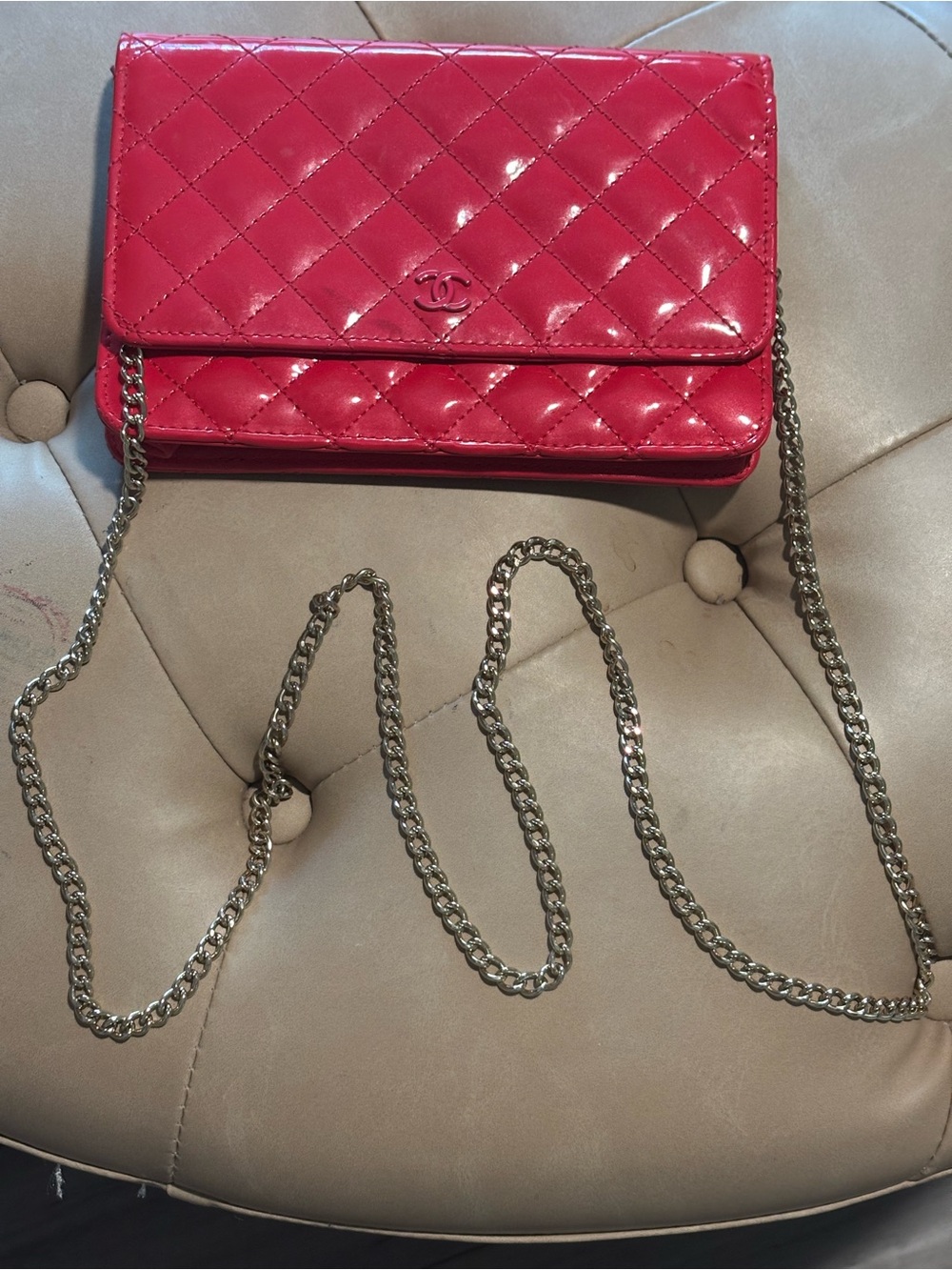 CHANEL Hot Pink Quilted Patent Leather Chain Crossbody
